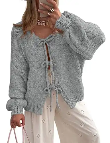 PRETTYGARDEN Women's Tie Front Bow Cardigan Sweaters Chunky Knit Long Puff Sleeve Trendy Fall Winter Jacket Coats