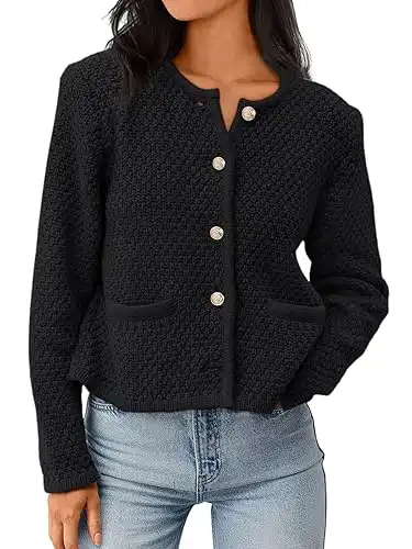 LILLUSORY Womens Crew Neck Buttons Cardigan Sweaters Dressy Casual Lightweight Jacket with Patch Pockets for Women Trendy