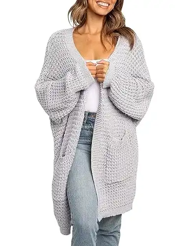 MEROKEETY Women's Oversized Long Batwing Sleeve Cardigan Waffle Knit Sweater Coat