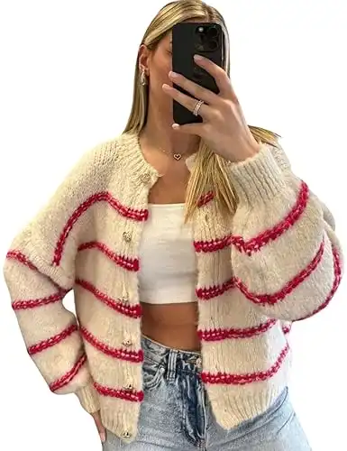 QIBABU Womens Striped Cardigan Sweaters Casual Open Front Long Sleeve Button Down Knit Outwear