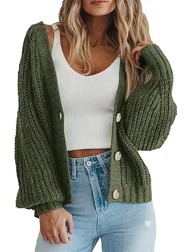 PRETTYGARDEN Women's Chunky Knit Open Front Sweater Long Sleeve Button Loose Short Cardigan Outerwear Coats